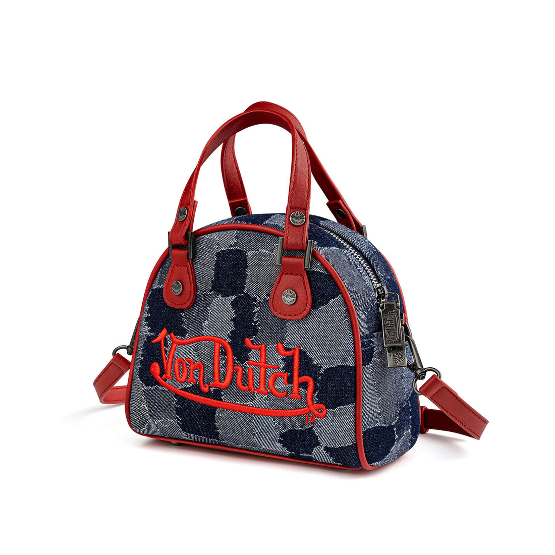Red Patch Denim Bowling Bag — Dark Wash