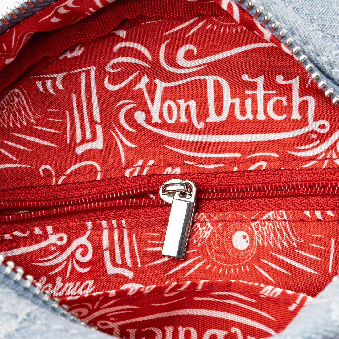 Red Patch Denim Bowling Bag — Light Wash