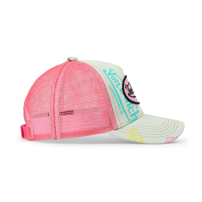 Kids Light Denim Trucker Hat - Pink Logo