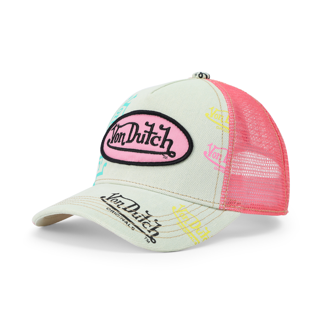 Kids Light Denim Trucker Hat - Pink Logo — image 8