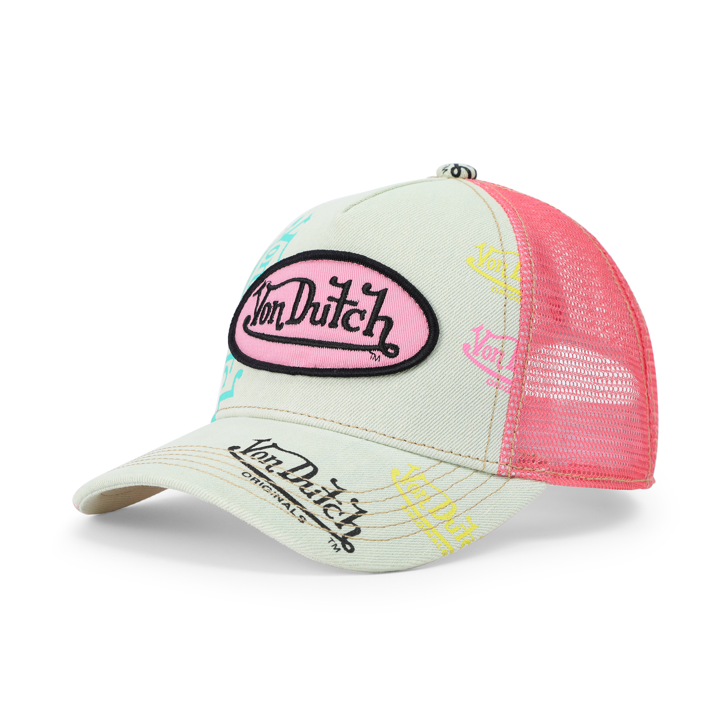 Kids Light Denim Trucker Hat - Pink Logo