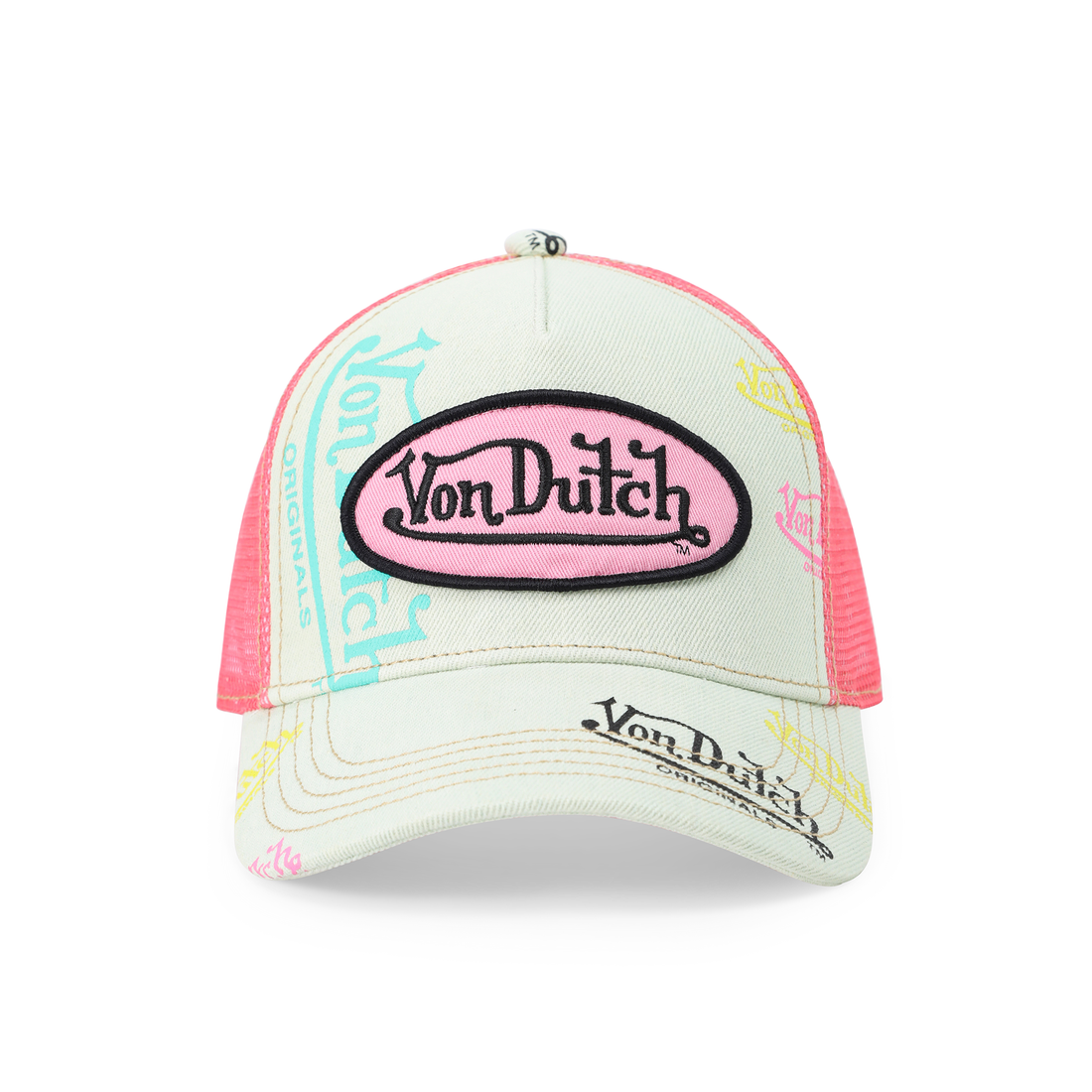 Kids Light Denim Trucker Hat - Pink Logo — image 1