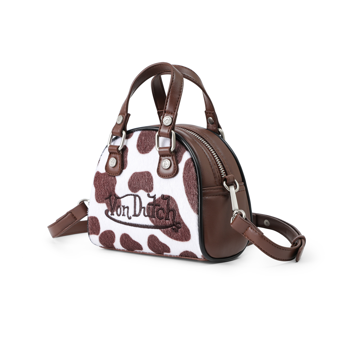 Von Dutch Mini Cow Print Bowling Bag - Brown & White