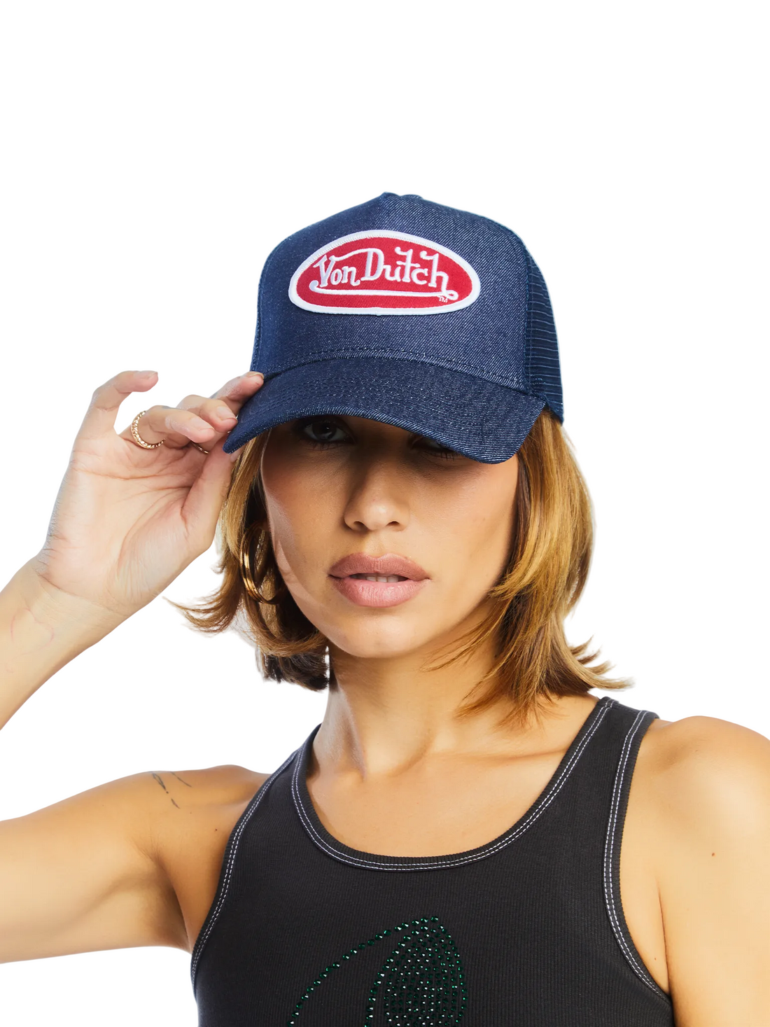 Dark Denim with Red & White Logo Trucker Hat — image 2