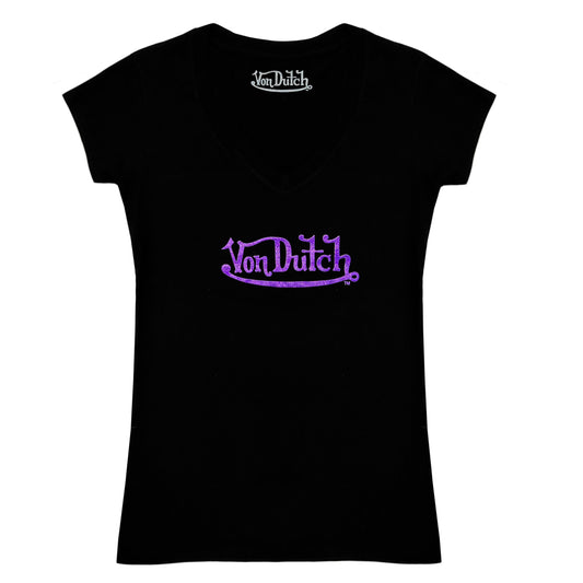 Von Dutch Glitter V-Neck - Black and Purple