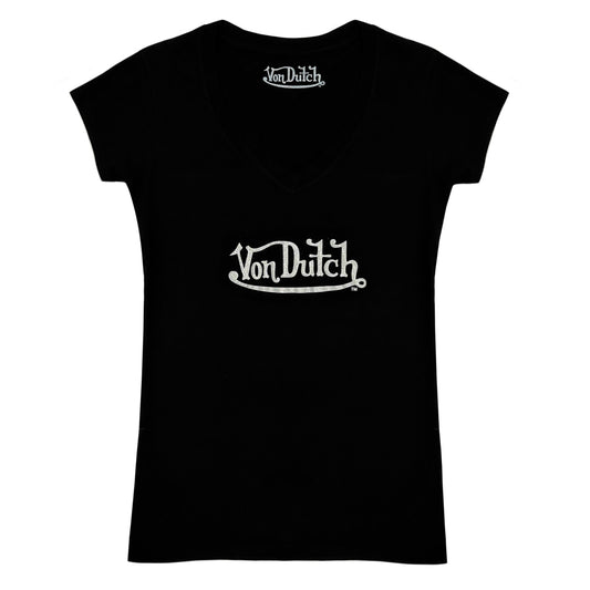 Von Dutch Glitter V-Neck - Black and Silver