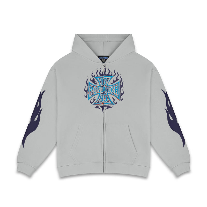 GREY CHOPPER FLAMES - ZIP UP HOODIE
