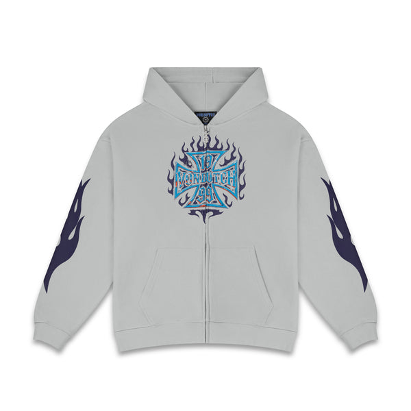 GREY CHOPPER FLAMES - ZIP UP HOODIE