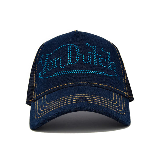 Navy Rhinestone Logo Denim Trucker Hat