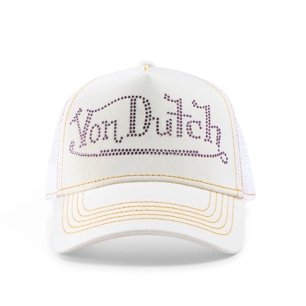 Von Dutch Rhinestone Trucker Hat - White with Purple Rhinestones
