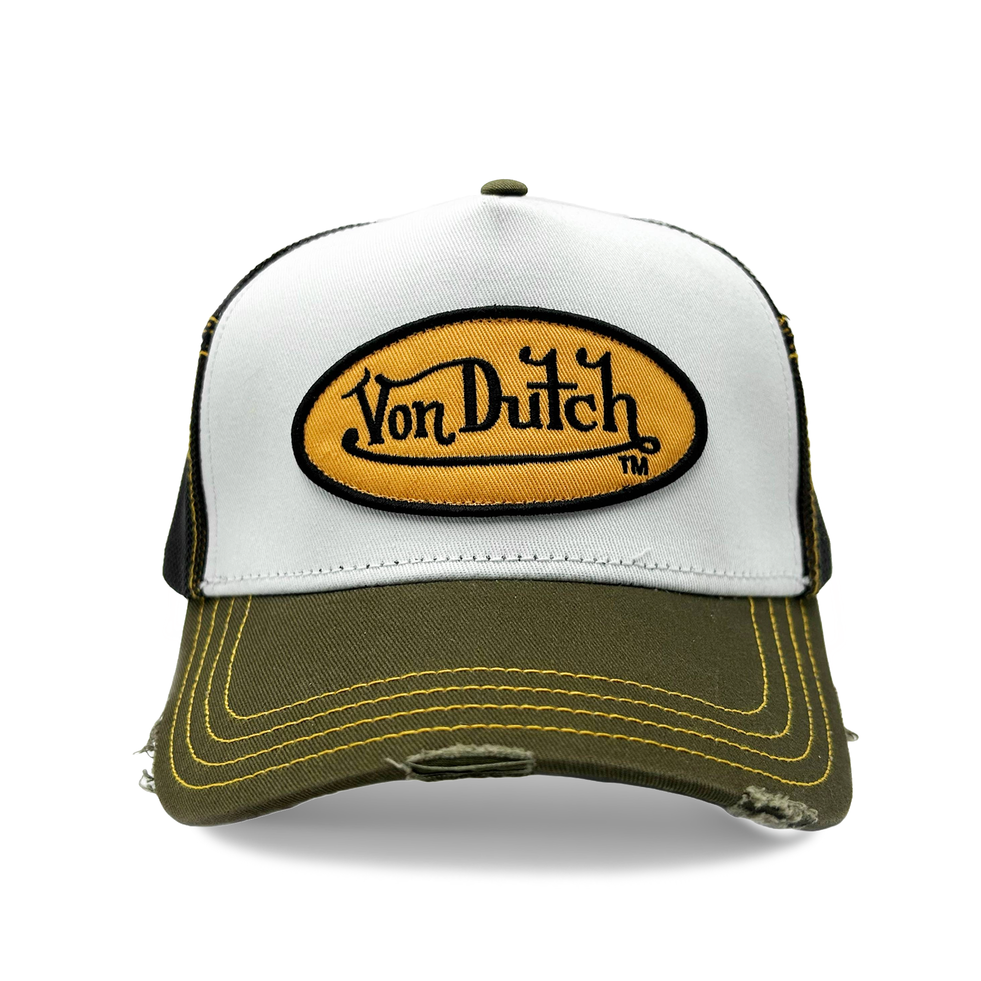 Von Dutch Olive & Yellow Classic Distressed Trucker Hat