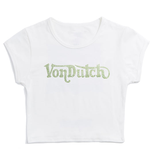 White and Green Ranch Logo Rhinestone Baby Tee