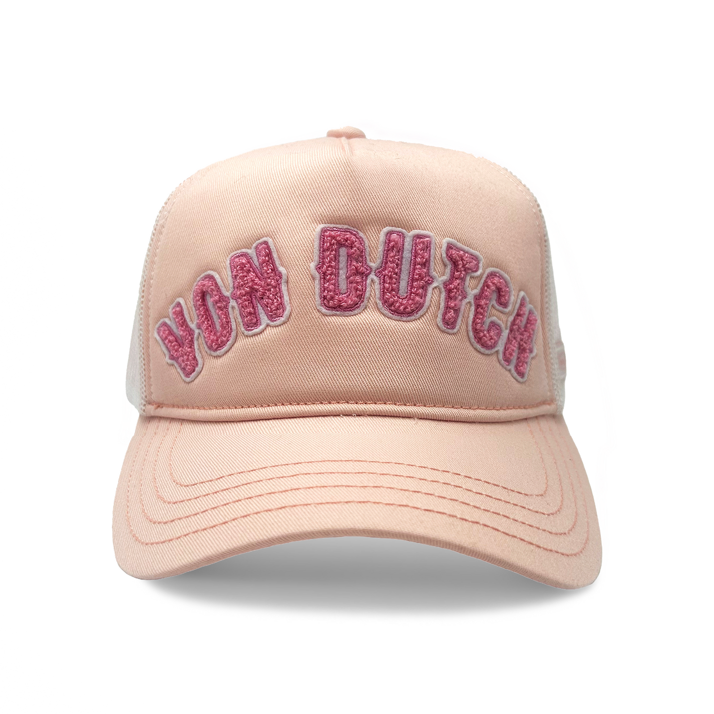 White & Pink Curved Terry Logo Trucker Hat