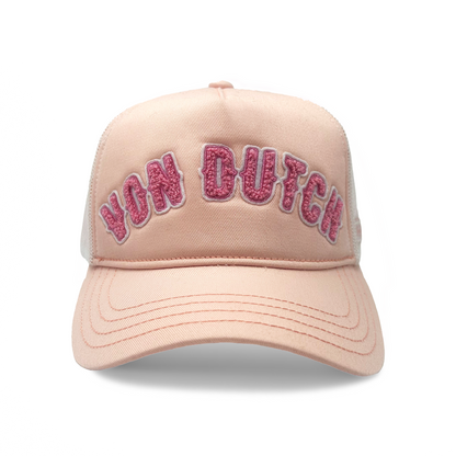 White & Pink Curved Terry Logo Trucker Hat