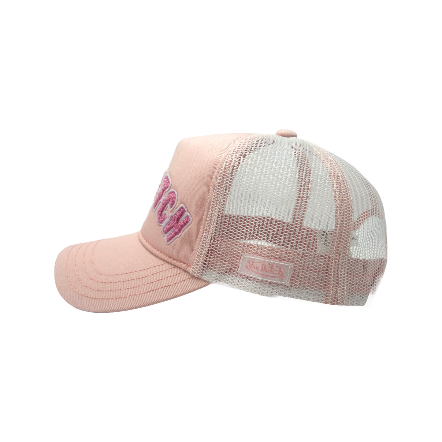 White and Pink Curved Terry Logo Trucker Hat