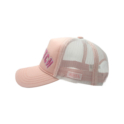 White and Pink Curved Terry Logo Trucker Hat