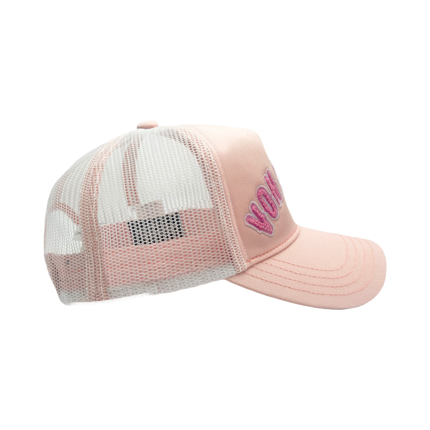 White and Pink Curved Terry Logo Trucker Hat