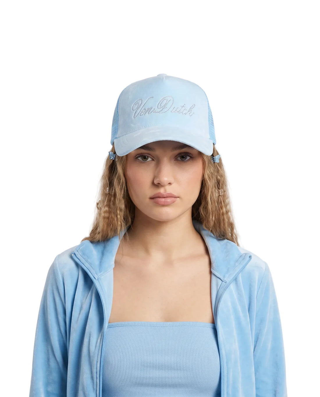 Baby Blue Velour Rhinestone Trucker Hat