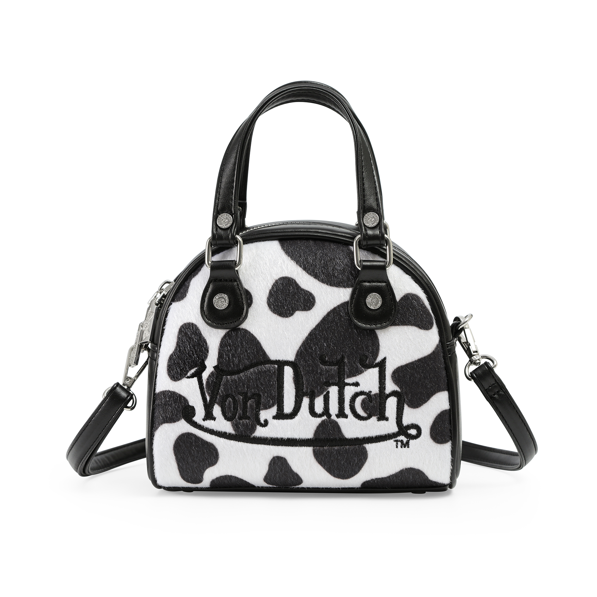 Von Dutch Black & White Cow Print Vegan Pony Hair Bowling Bag