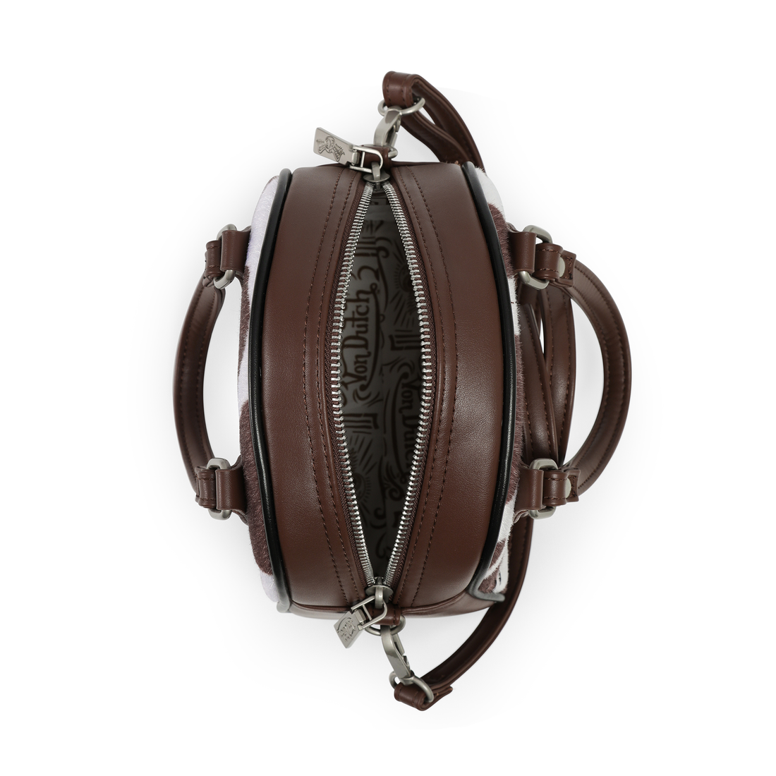Brown & White Cow Print Vegan Pony Hair Bowling Bag