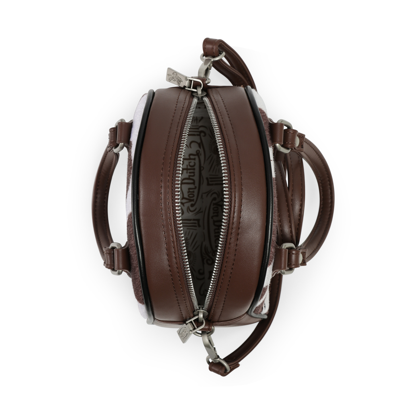 Brown & White Cow Print Vegan Pony Hair Bowling Bag