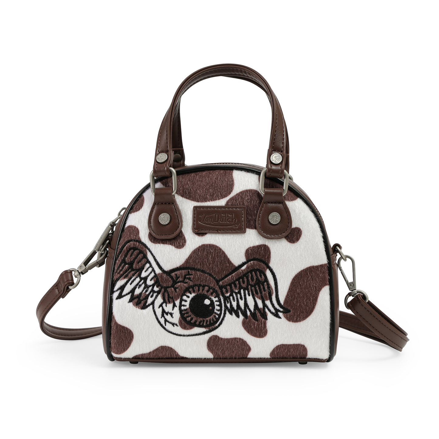 Brown & White Cow Print Vegan Pony Hair Bowling Bag