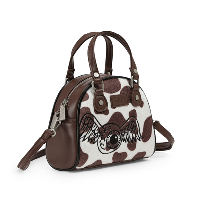 Brown & White Cow Print Vegan Pony Hair Bowling Bag
