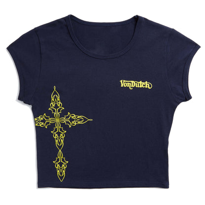 Von Dutch Navy Blue and Yellow Chopper Cross Baby Tee