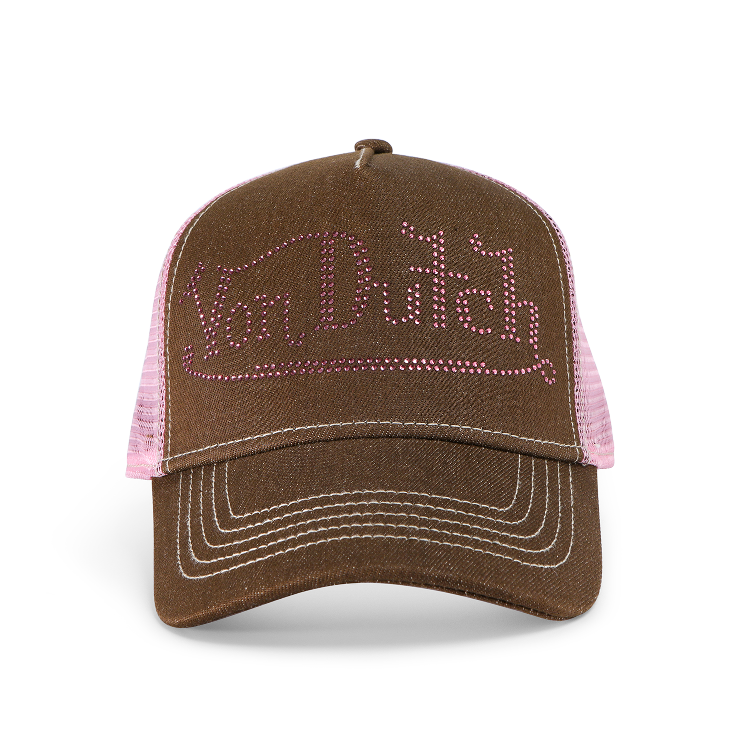 Von Dutch Rhinestone Trucker Hat - Brown with Pink Rhinestones