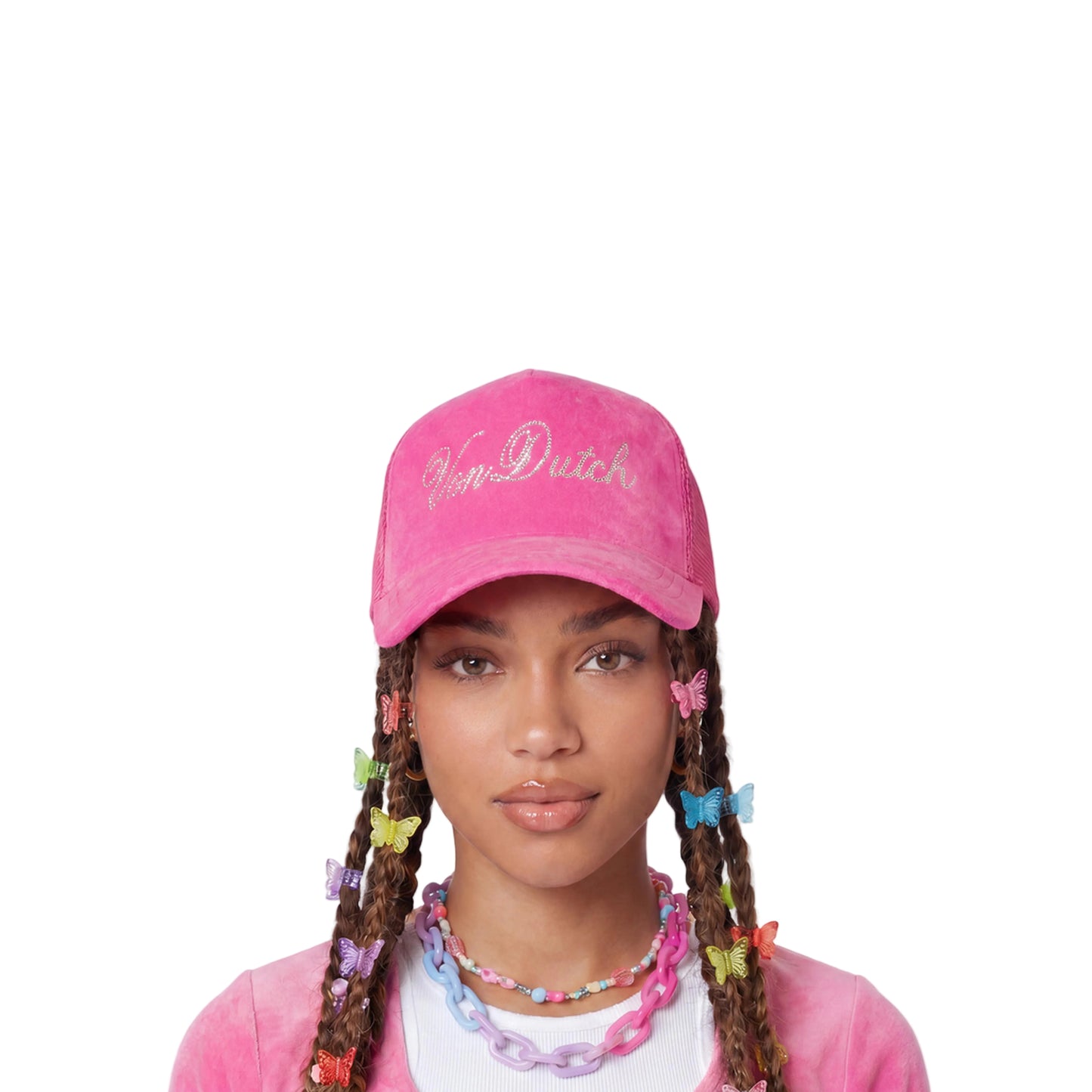 Hot Pink Velour Rhinestone Trucker Hat
