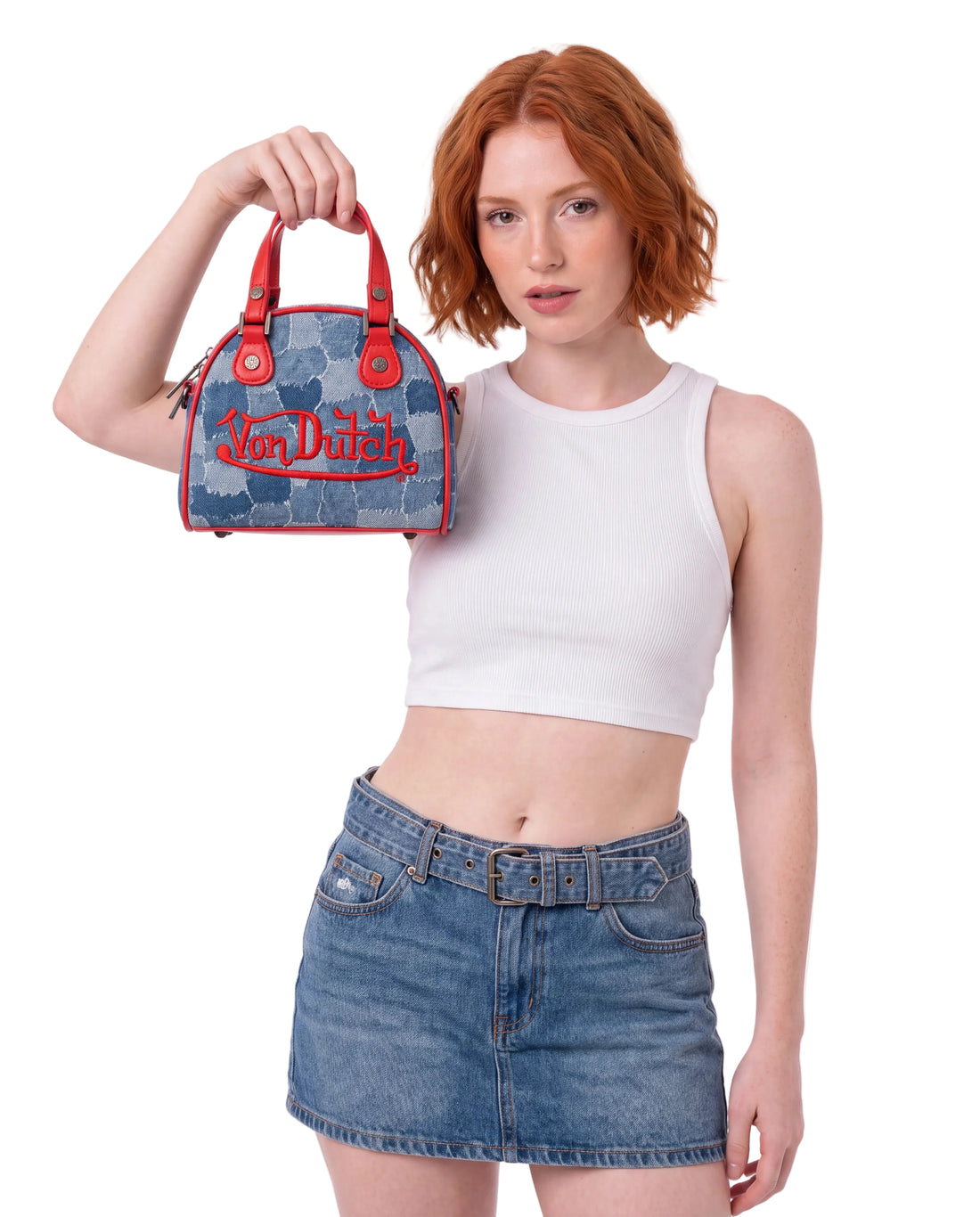 Red Patch Denim Bowling Bag — Dark Wash