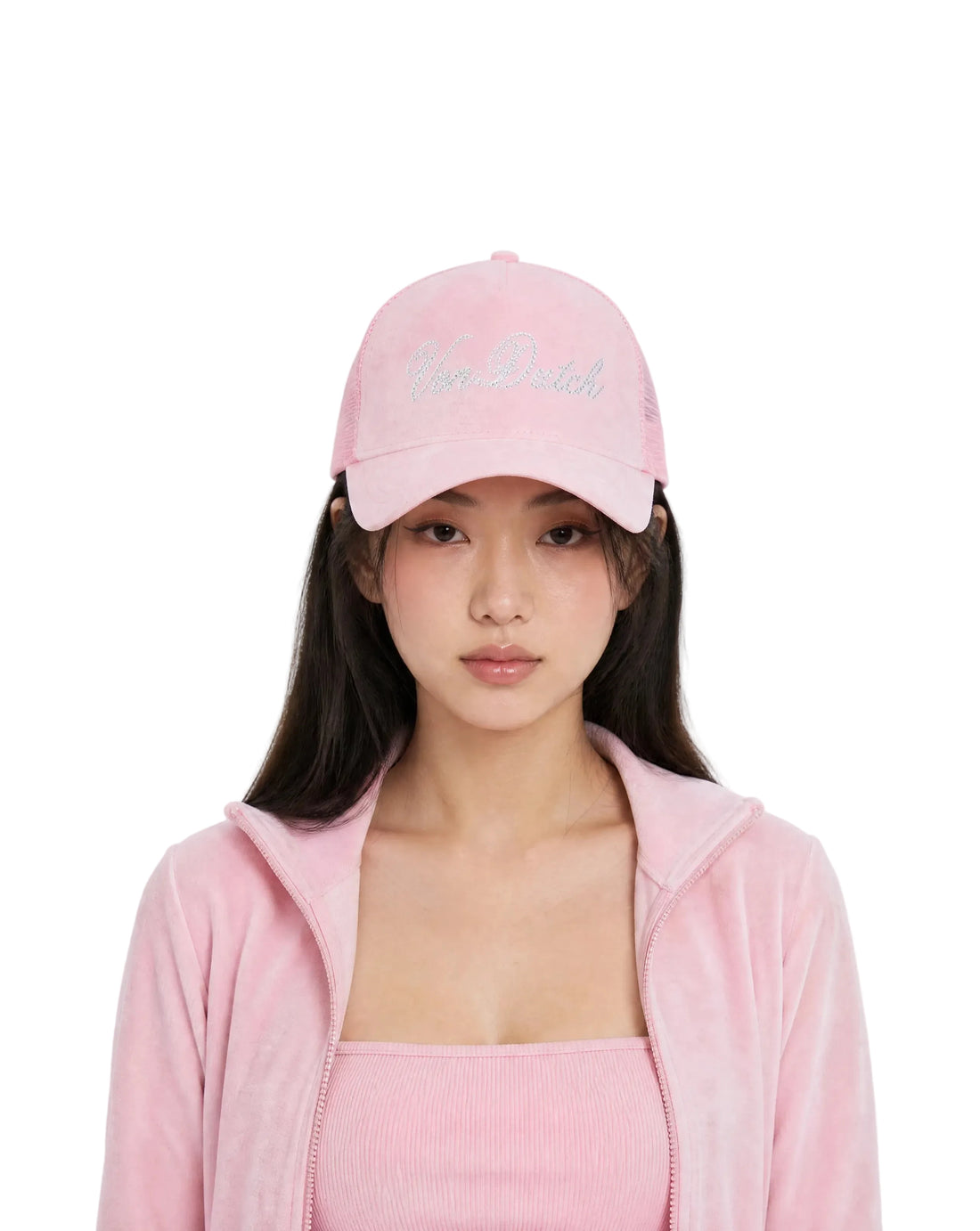 Baby Pink Velour Rhinestone Trucker Hat — image 2