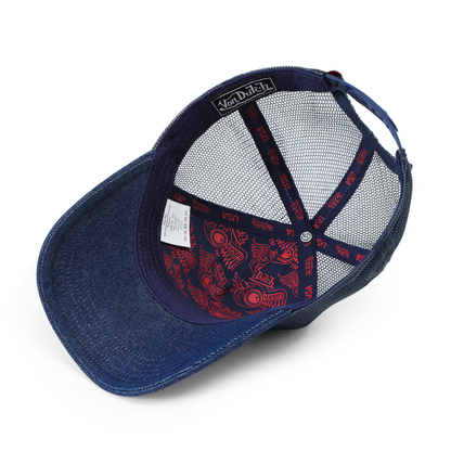 Kids Denim Trucker Hat - Red & White Logo