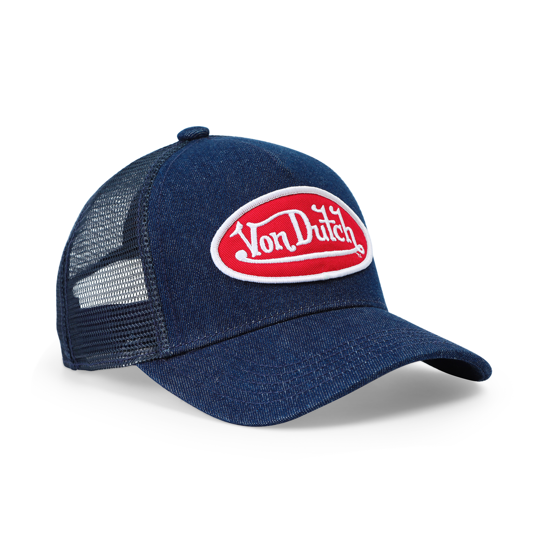 Kids Denim Trucker Hat - Red & White Logo — image 5