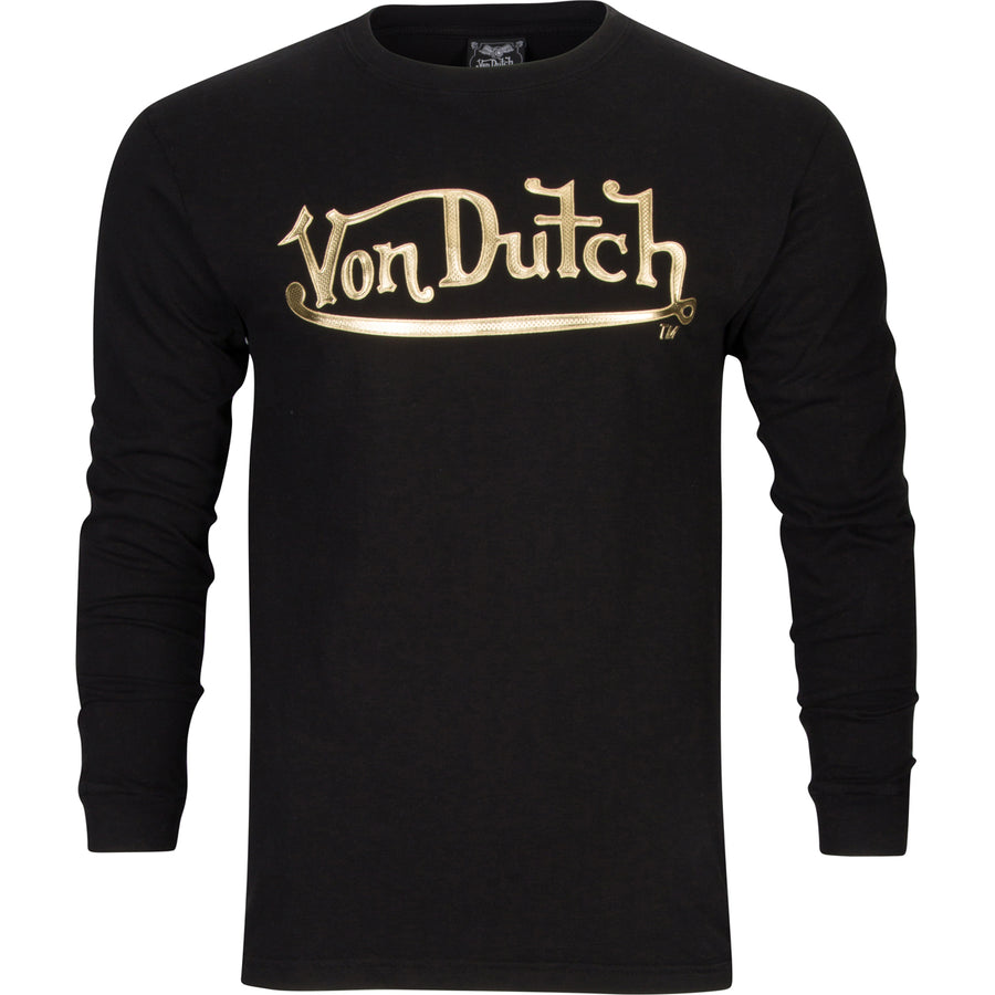 Black with Gold High Frequency Weld Wordmark Long Sleeve Tee